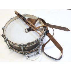 G311.)HJ DRUM, LEATHER SHOULDER HARNESS AND DRUM STICKS