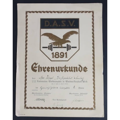 G655.)AWARD DOCUMENT FOR THE GERMAN SPORTS LEAGUE; WEIGHT LIFTING 