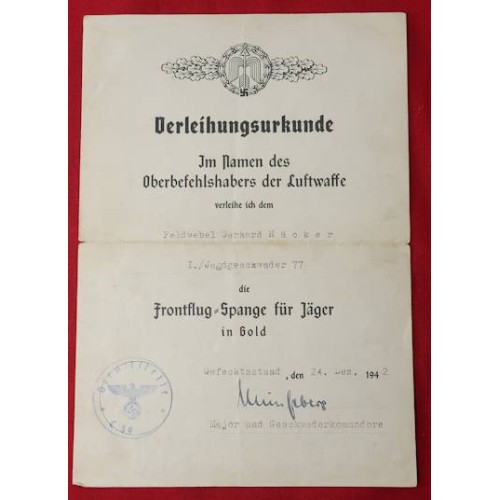 G723.)LUFTWAFFE FIGHTER CLASP IN GOLD AWARD DOCUMENT