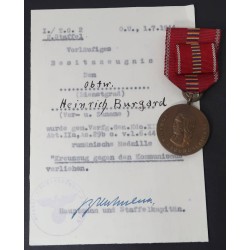 G476.)ROMANIAN ANTI-COMMUNIST CAMPAIGN MEDAL WITH AWARD DOCUMENT