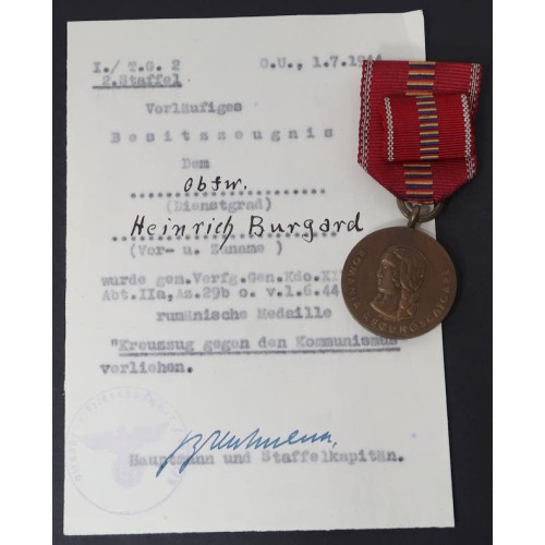 G476.)ROMANIAN ANTI-COMMUNIST CAMPAIGN MEDAL WITH AWARD DOCUMENT