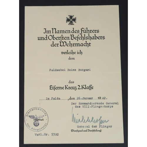 G561.)1939 IRON CROSS 2nd CLASS AWARD DOCUMENT