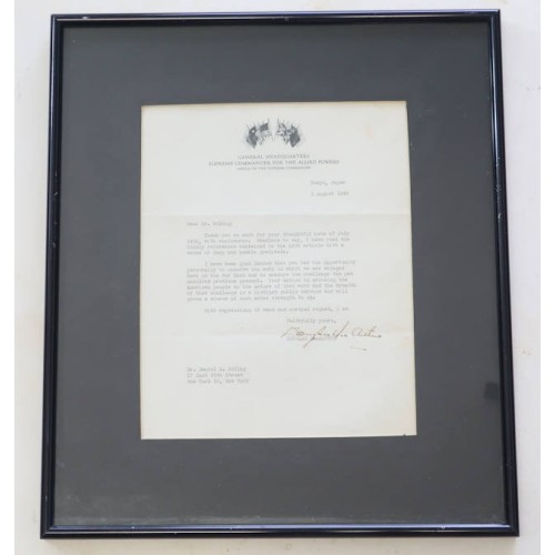 US635.)FRAMED GENERAL OF THE ARMY DOUGLAS MACARTHER TYPED LETTER US635.)FRAMED GENERAL OF THE ARMY DOUGLAS MACARTHER TYPED LETTER