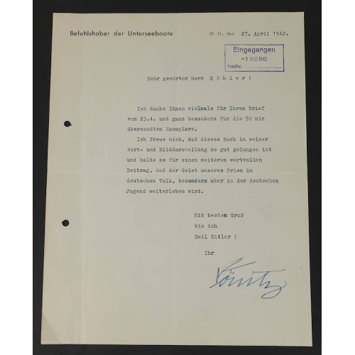 G806.)ADMIRAL DONITZ SIGNED LETTER, WARTIME 1942