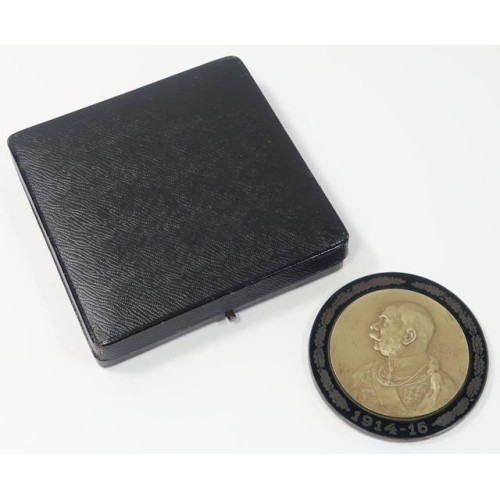 G943.)1916 DATED AUSTRIAN EMPEROR FRANZ JOSEF CASED TABLE MEDAL