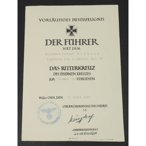 RD1085.)1939 KNIGHT'S CROSS PRELIMINARY AWARD DOCUMENT